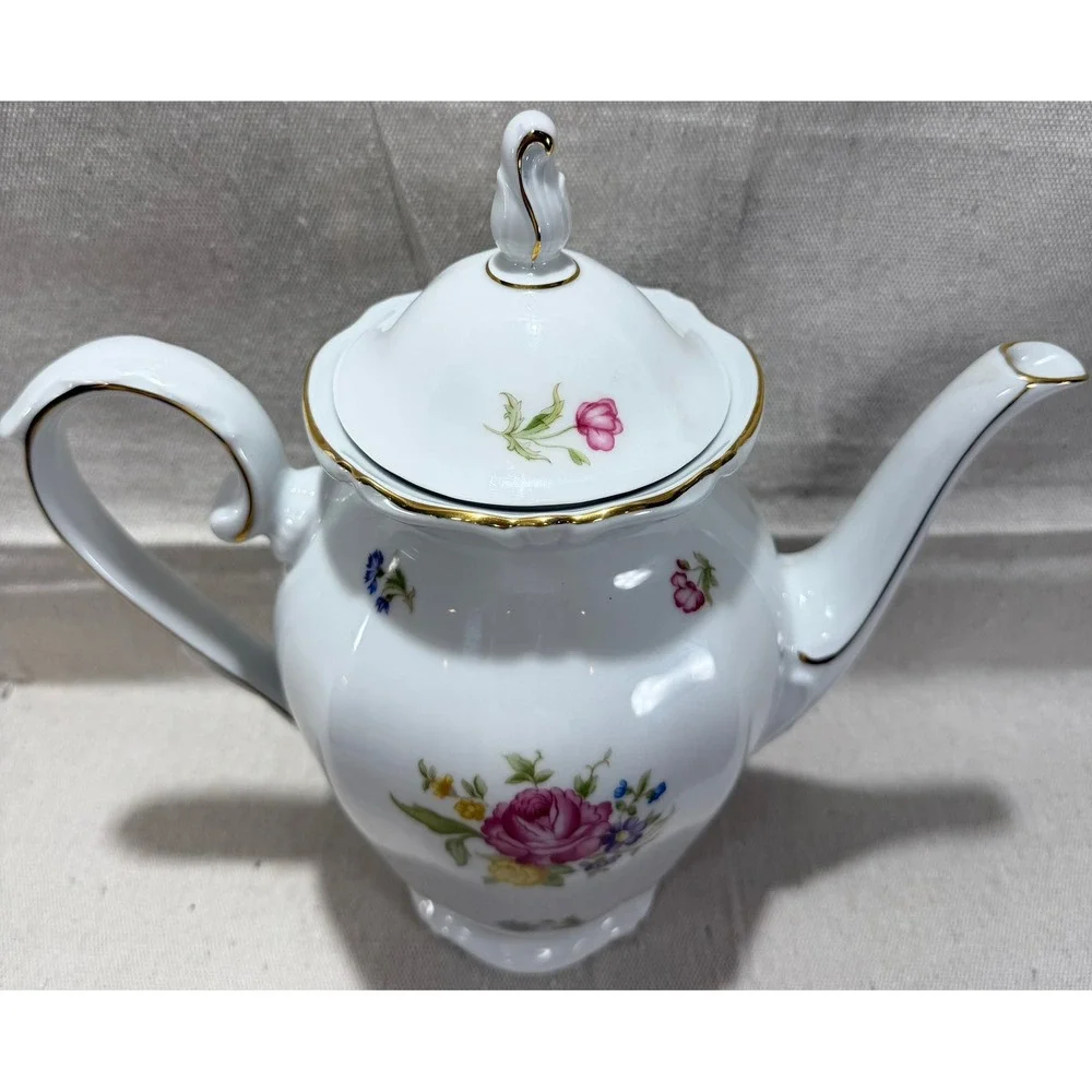 Schumann Arzberg Bavaria Germany Porcelain Coffee Pot Floral Rose Gold Trim 11in